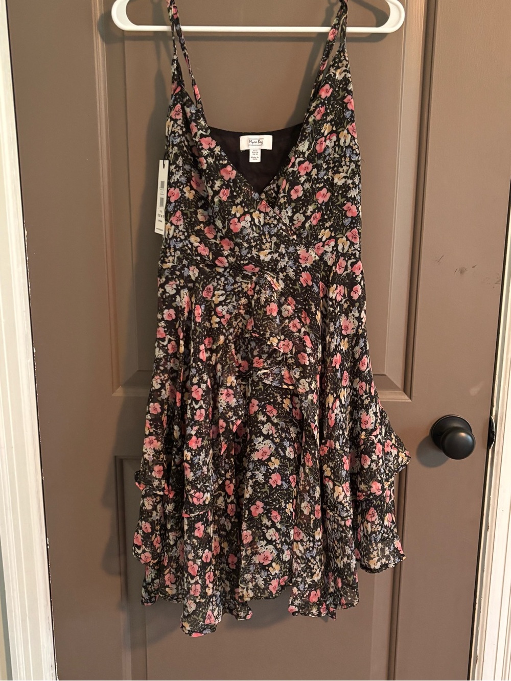 Myra Bag Black Floral Spaghetti Strap Dress with Pink Accents